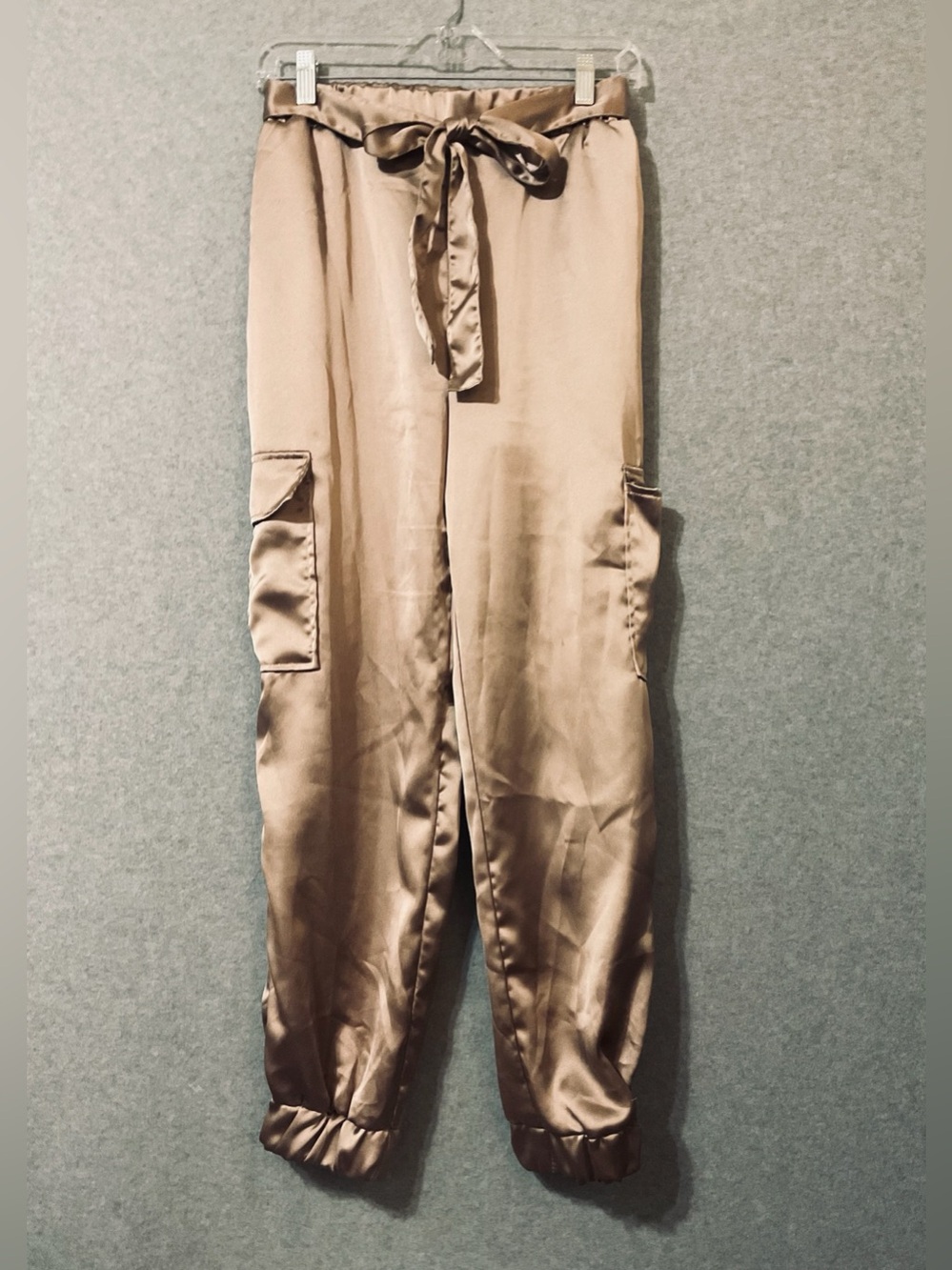 Sincerely Jules Satin Cargo Jogger Pants - Taupe Sz L